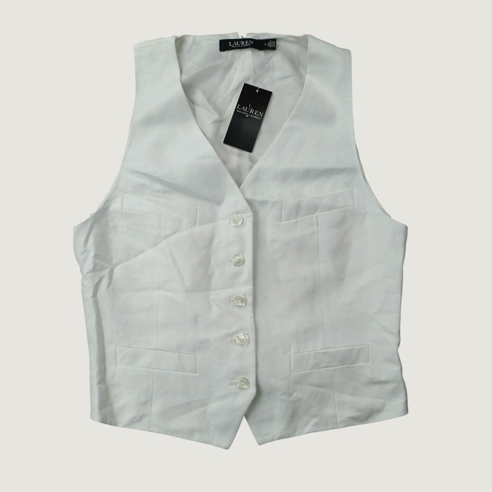 Lauren Ralph Lauren Twill Vest Tailored 8 White Linen Blend NWT Flaw MSRP $225